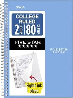 Five Star Spiral Notebook, 2 Subject, College Ruled Paper, 6" x 9.5", 80 Sheets, Blue (840029CG1)