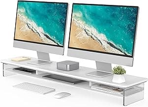 Fenge 42.5" Dual Monitor Stand with Clear Acrylic Legs, White | Clear Acrylic, Storage Compartment, 2-tier Home Office Monitor Riser, Wide Large Desktop Shelf Fit Monitor/Laptop/Printer