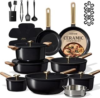 CAROTE 31pcs Ceramic Cookware Sets, Pots and Pans Set, with Wok | Healthy Kitchen Cooking, Utensils Included, Dishwasher Safe, Easy to Clean, Even Heating, PFAS FREE