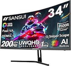 SANSUI 34-Inch Curved Gaming Monitor UWQHD 3440 x 1440P Up to 200Hz Curved 1500R - PIP/PBP, OD 1ms, HDR, 300nits, sRGB 130%, DCI-P3 97%,AI Crosshair,HDMI2.1x2,DP1.4(Cable Included)