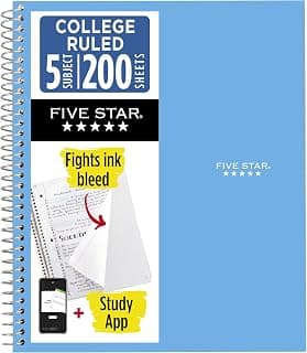 Five Star Spiral Notebook + Study App, 5 Subject, College Ruled Paper, 8-1/2" x 11", 200 Sheets, Fights Ink Bleed, Water Resistant Cover, Pacific Blue (73635)