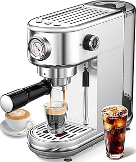 atatix Espresso Machine with Milk Frother, 20 Bar Pressure Espresso Maker, with 44OZ Removable Tank, Compact Stainless Steel Coffee Machine for Home, Office, Latte, Cappuccino, Macchiato, Silver