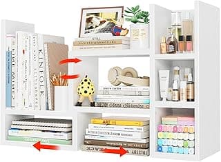 NUTIKAS Desk Shelves Desktop Organizer Shelf - White Office Organization for Top of Desk Organizers and Accessories Corner Bookshelf Table Top Shelving Small Hutch Decorations for Women Office