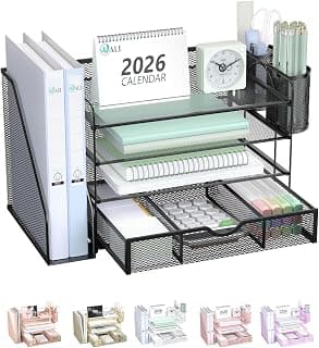 WALI Desk File Organizer, 4 Tier Desktop Paper Letter Tray Organizer with Drawer and 2 Pen Holders, Office Desk Accessories & Workspace Organizers for Office, Home Supplies(DO005DH-B), 1 Pack, Black