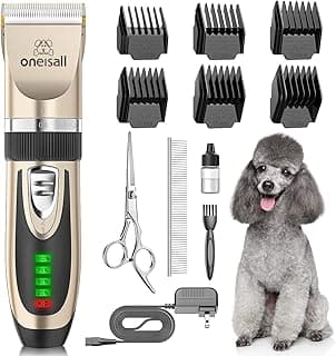 oneisall Dog Grooming Clippers with LED Display for Dogs & Cats | Low Noise Quiet,2-Speed,Cordless Rechargeable,Fast Charge,Detachable,Waterproof,Battery Level Display, Model X2,Gold