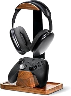 UPERGO Walnut Headphone Stand with Controller Holder & Storage Base | Solid Wood Grain, Gear & Charger Storage, Gamer Gift for PS5 Xbox Controllers, Desk Accessories