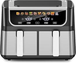 DUMOS 9.5 Quart Dual Basket Air Fryer, 10-in-1 Large Airfryer with Ceramic Crisper Plate, Sync Finish & Match Cook, Shake Reminder, Wide Temperature 80-450°F, Roast Bake Defrost Dehydrate, Black