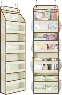Yecaye 5 Tier Over the Door Organizer, Swing-proof Door Organizer Hanging with Clear PVC Windows, Behind the Door Storage for Bedroom Nursery Closet Laundry Pantry Bathroom, Beige