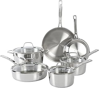 Sur La Table Kitchen Essentials Chef's Deck 10 Piece Stainless Steel Non Toxic Pots and Pans Kitchen Cookware Set w/Triply Encapsulated Base - Induction Safe