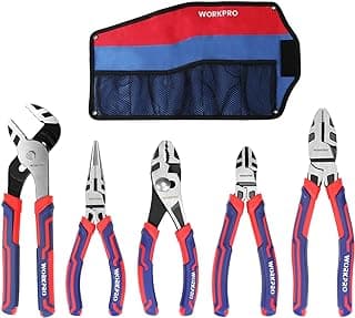 WORKPRO Pliers Set, 5-Piece Premium Cr-V Pliers Kit with Storage Pouch | 6 Inch Slip Joint, Long Nose, Diagonal Cutter, 8 Inch Groove Joint, 7 Inch Linesman, Ergonomic Grip, for Basic Repair