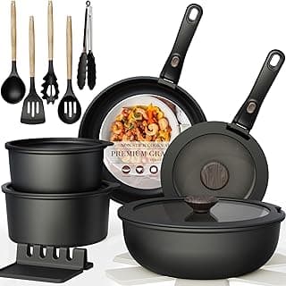 Astercook 21 Pcs Pots and Pans Set Non Stick, Ceramic Cookware Set Detachable Handle, RV Kitchen Cooking Set Removable Handles, Oven Safe, Induction Ready, Stackable, Black, Fathers Day Gift for Men
