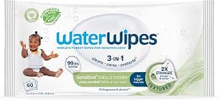 WaterWipes Sensitive+ Baby & Toddler Wipes, 3-In-1 Cleans, Cares, Protects, 99.9% Water, Textured Clean, Unscented & Hypoallergenic, 60 Count (1 Pack)