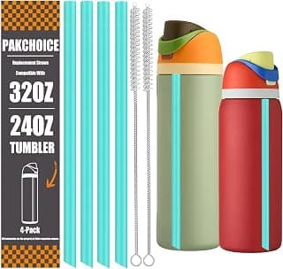4PCS Replacement Straws for Owala Water Bottle 24 oz 32 oz, Reusable Plastic Straws with 2 Cleaning Brush for Cup 24oz 32oz Travel Tumbler Accessories Parts for Sports Bottle, Angled Design,Cyan