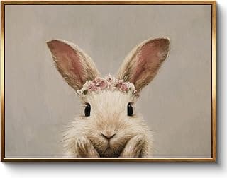 InSimSea Golden Framed Rabbit Wall Decor, Easter Bunny with Floral Crown Canvas Wall Art, Bunny Rabbit Flower Crown Nursery Botanical Print Picture for Farmhouse Cottagecore Woodland Room 12"x16"