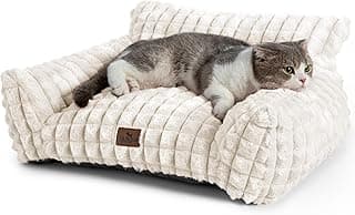 Cat Beds for Indoor Cats - Cute Cat Couch Bed Fluffy Pet Sofa with Faux Rabbit Fur Washable Cover, Fuzzy Pet Couch in 3D Diamond Pattern, Suppportive Large & Small Cats Sofa, 24inch Off White