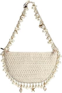 Women's Pearl Chain Woven Straw Crescent Shoulder Bag, Summer Beach Vacation Clutch Purse with Seashell Starfish Charms