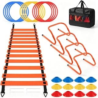 Agility Training Equipment for Soccer, Basketball, Football and Baseball Training | 20ft Agility Ladder, 12 Soccer Cones, 4 Adjustable Hurdles, 12 Footwork Rings, Speed Training Set for Backyard Workouts