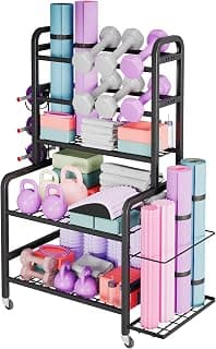 Homeiju Dumbbell Rack, Weight Rack for Home Gym, Yoga Mat Storage Holder with Lockable Wheels, Dumbbell Stand with Hooks, All in One Work out Equipment Storage for Yoga Mat Dumbbell and Balls