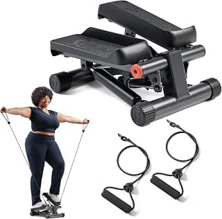 Sunny Health & Fitness Mini Stair Stepper w/Resistance Bands for Home Gym | Full Body Cardio, Adjustable Step Height, Hydraulic Resistance, LCD Meter, No Assembly, 300 lb Capacity, SunnyFit App