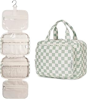 Narwey Hanging Toiletry Bag for Women Travel Checkered Makeup Bag Organizer Toiletries Bag for Travel Size Essentials, Accessories, Brushes, Cosmetics (Green Checkerboard (Medium))