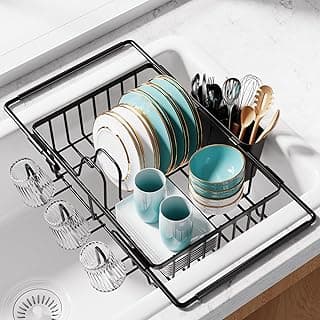 Sakugi Dish Drying Rack in Sink - Expandable Stainless Steel Dish Rack Over the Sink, Kitchen Sink Drain Strainer with Cutlery Holder & Cup Holders, 15.4 x 9.8 x 3.0 Inch, Black