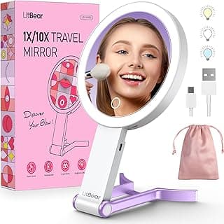 LitBear Travel Makeup Mirror with Light, Rechargeable Double-Sided 10X/1X Magnifying Mirror, Portable Lighted Beauty Mirror, 3 Color Lighting, Dimmable Touch Screen, Tabletop Handhold Hanging (Purple)