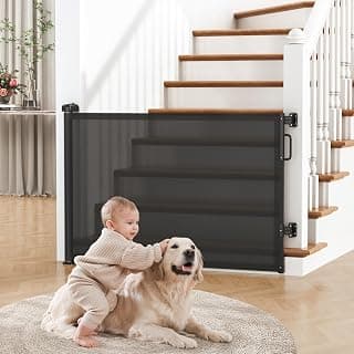 Retractable Baby Gate for Stairs & Doorways, Dog Gate Indoor Outdoor | Extends to 55" Wide 34" Tall Mesh Child Gate for Hallways, Deck, Porch, Pet Toddler Safety Essentials, Easy Install, Black