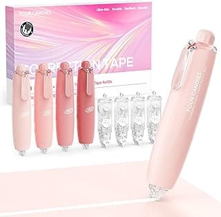 Four Candies Refillable Correction Tape, 4PCS White Tape with 4 Refills | Smooth White Pull-Out Tape for Instant Corrections, Easy to Use Applicator for Office, School Supplies (Pink)