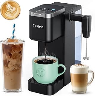 Tastyle 330MF Single Serve Coffee Maker with Built-in Detachable Milk Frother, Iced and Hot Coffee Machine for K Cup & Grounds, 40oz Removable Water Reservoir, 6 Cup Sizes, Fits 7.3" Travel Mug, Black