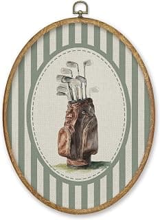 CGBHW Vintage Golf Nursery Oval Wall Art Decor Products, Golfing Sports Canvas Prints Framed, Sage Striped Classic Golf Bag Aesthetic Wall Art Hanging Decor for Home Kids Boy Nursery Room Playroom, 8.6x11.4 Inch