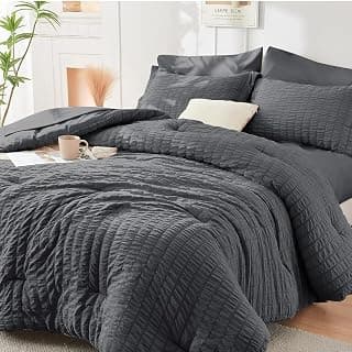 HYMOKEGE Twin Comforter Set Seersucker 5 Pieces, All Season Luxury Bed in a Bag for Bedroom, Bedding Set with Comforters, Sheets, Pillowcase & Sham, Dark Grey