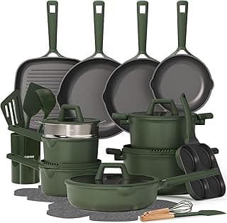 CAROTE 31pcs Pots and Pans Set, Nonstick Cookware Set | Egg Pan, Steamer & Durable Silicone Utensils, Even Heating, All-Stovetop Compatible, Green
