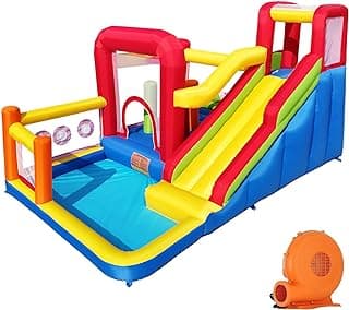 Hongcoral Bounce House, Inflatable Bounce Castle with Blower for Kids, Blow Up Jumping Bouncer with Slide, Climbing Wall, Obstacles, Trampoline, Ball Pit Pool for Indoor Outdoor