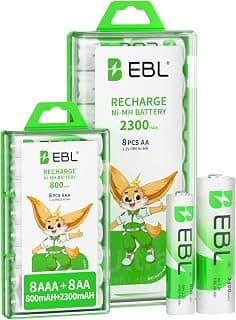 EBL 16 Sets AA AAA Batteries Combo with 8PCS AA 2300mAh & 8-Pack AAA 800mAh Rechargeable Batteries