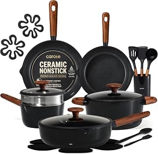 CAROTE 21pcs Ceramic Cookware Set, Pots and Pans Set | Non-Toxic Healthy Cooking Set with Silicone Lids, Dishwasher Safe, Even Heating, with Steamer & Silicone Trivet, PFAS FREE
