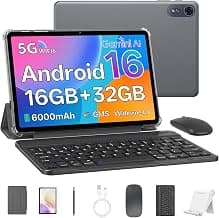 Tablet 10 Inch, Android 16 Tablet with Keyboard, 16GB RAM + 32GB, Gray | 1280 x 800 HD IPS, 6000mAh, WiFi 6, BT 5.4, Dual Camera, Mouse, Stylus, 2-in-1 for Study and Travel