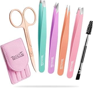 TsMADDTs Tweezers for Women Facial Hair, 6-Pc Eyebrow Kit with Case | Colorful Multi-Tip Stainless Steel Precision Tweezers Set, Eyebrow Shaping, Ingrown Hair, False Lashes, Scissors & Brush