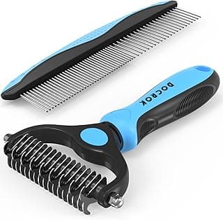 Docrok Pet Grooming Combo - Blue Deshedding Brush with Metal Comb for Detangling and Dematting Long, Matted Fur on Cats and Dogs
