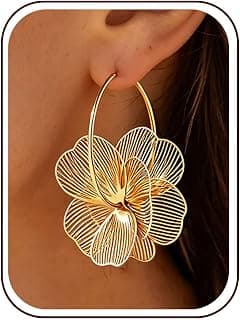 Flower Dangle Gold Earrings for Women Trendy Statement Hoop Earring Jewelry