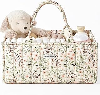 Blissful Diary Floral Diaper Caddy Organizer Storage Basket, Pastoral Daisy | Portable Storage Basket with Removable Dividers, Gift for Baby Shower, Newborn Boy & Girl Essentials, Baby Registry Must Have