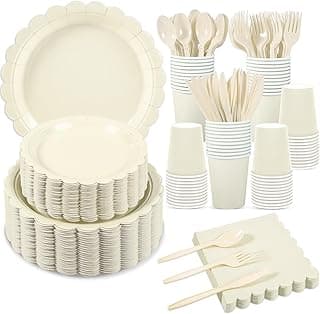 50 Set Disposable Dinnerware Sets Ivory Scalloped Plates Napkins | 9" Cream Party Plates, 7" Dessert Plates, 6.5 Inch Napkins for Wedding, Baby Bridal Shower, Fall Thanksgiving, Thick Paper