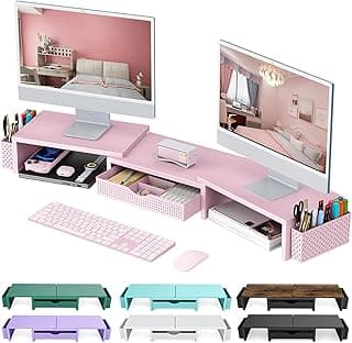 gianotter Dual Monitor Stand Riser, Desk Organizer With Drawer and 2 Pen Holders,Desk Organizers and Accessories, Pink Office Supplies (Pink)