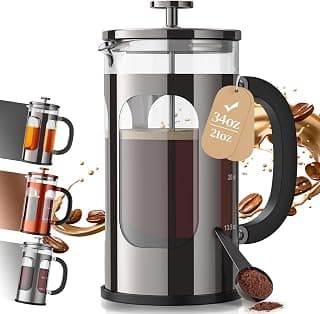 Veken French Press Coffee Maker, No Plastic Touching Cafe,34oz 1 L Cafetera | Thickened Glass Stainless Steel Cold Brew Pot for Kitchen,Travel,Camping,Tea, Gifts, Bar Accessories,Dark Pewter