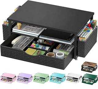 Spacrea Desk Organizer and Accessories, Computer Monitor Stand Riser with Drawer and 2 Pen Holders, Office Desk Accessories & Workspace Organizers for Office Supplies (Black)