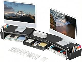 OPNICE Desk Organizers and Accessories, Dual Monitor Stand Riser with Drawer and 2 Pen Holders, Desk Shelf Computer Racks for Office Workspace Organizers, Desktop Organization (Black)