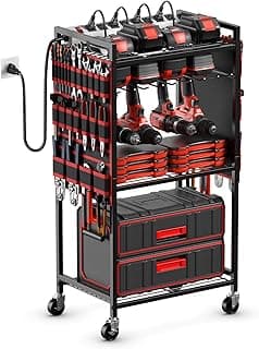 JUNNUJ Power Tool Organizer Cart with Charging Station, 6 FT Cord, Red | Floor Standing, Large Garage Rolling Storage Cart on Wheels, Heavy Duty Drill Battery Storage Rack, with 8 Outlet Power Strip