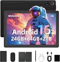 Gleeso Tablet, Latest Android 16 Tablet 10 Inch, 24GB+64GB+2TB TF, 6000mAh Battery, Dual Camera, Widevine L1, Face ID, WiFi 6, BT 5.4, 2-in-1 Tablets with Keyboard Mouse Pen Protective Case