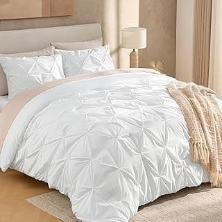 King Pinch Pleat White Comforter Set 3 Piece Bedding | Lightweight Comforter with 2 Pillow Shams,104"x90", Pintuck Fluffy, All Season Use, Boho Cute Style for Bedroom