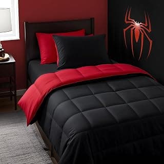 Anluoer Twin Comforter Set 5 Pieces,Bed in a Bag Twin Bedding Sets | Reversible Red&Black,Lightweight, OEKO-TEX Certified, Down Alternative Comforter, Breathable sheets & pillowcases,Kids Room