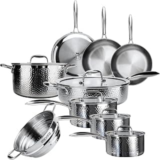imarku 14-Piece Tri-Ply Hammered Stainless Steel Cookware Set | Multifunctional 14pc Pots and Pans with Steamer | Non-Toxic No-Coating Nonstick | Induction & Oven-Safe up to 500°F